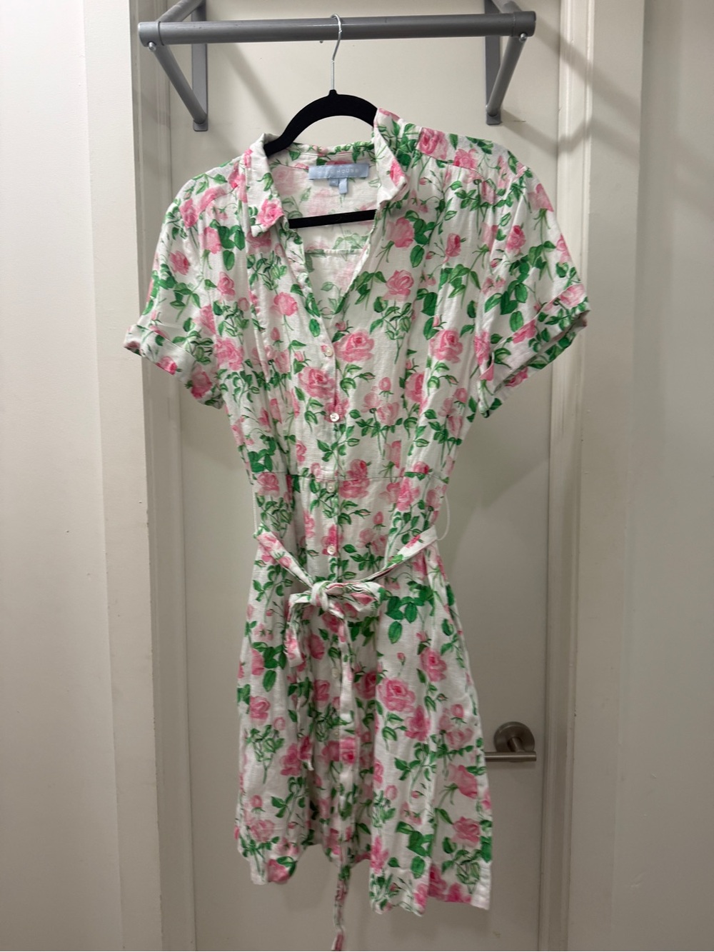 Hill House Home Laura linen Floral Tie-Waist Shirt Dress in Pink and Green